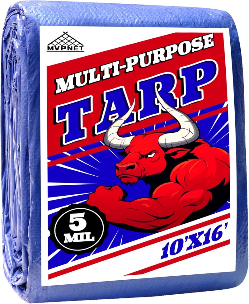 MVPNET Tarp 10x16 ft 100% Waterproof Uv Resistant High Durability Multipurpose 5mil Blue Tarp for Covering Courtyards, Cars, Camping, Gardens, Pet Nests -by - Image 1